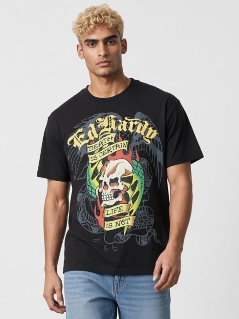 NEW Ed Hardy T-Shirt Men’s LARGE Skull Black Short Sleeve Distressed NWT